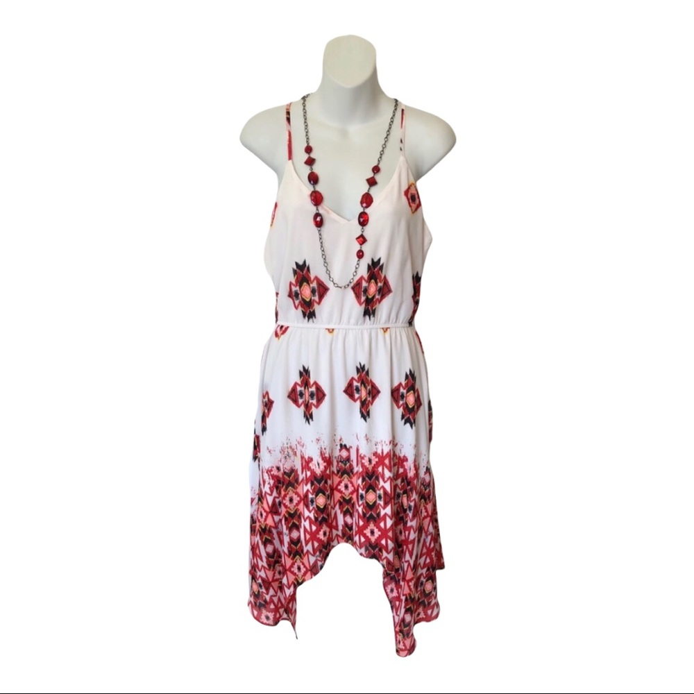 Spaghetti Strap Handkerchief Hemline Red & Cream Dress Vacation Cruise Large